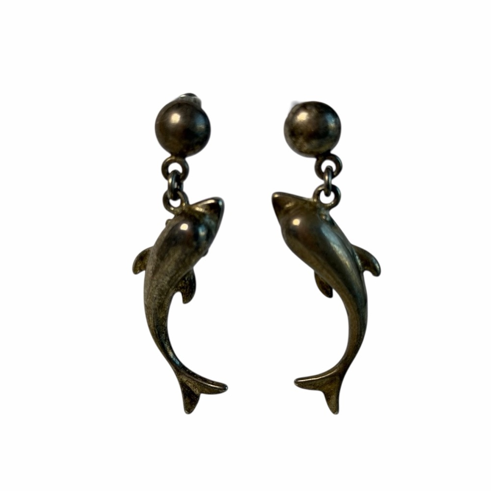 Vintage 925 Sterling Silver Dolphin Dangle Earrings Nautical Ocean beach - Picture 5 of 11